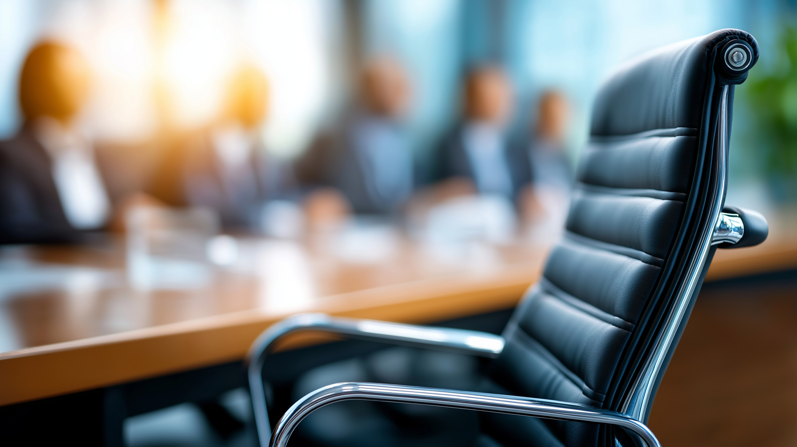 An empty leather chair beside a boardroom table, with a meeting in progress out of focus behind it.
