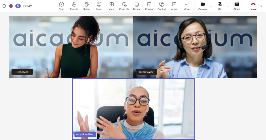 A recorded video call with an interviewer, a note-taker and an executive during an AI readiness assessment.