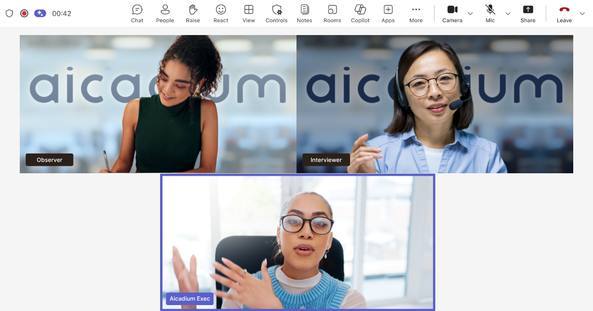 A recorded video call with an interviewer, a note-taker and an executive during an AI readiness assessment.