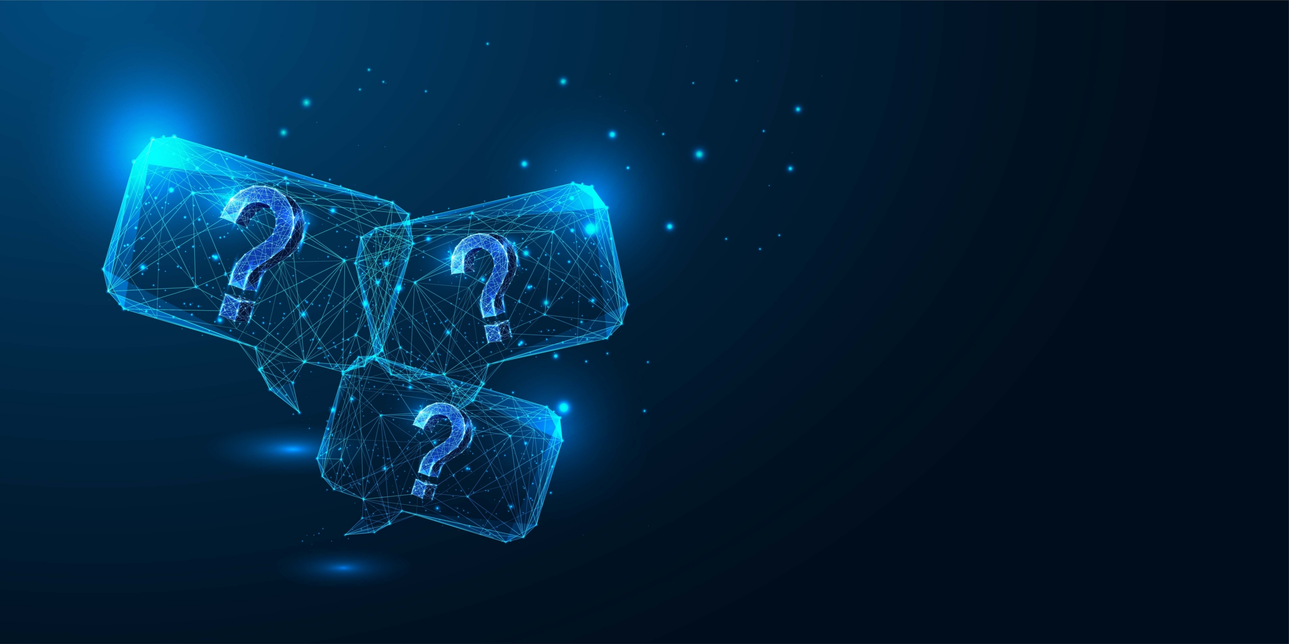 Three glowing wireframe speech bubbles containing question marks on a dark blue background.