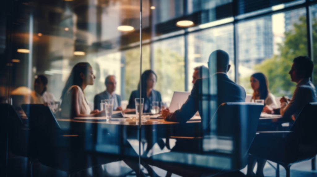 Executives around a boardroom table during a results meeting, viewed through a glass wall.