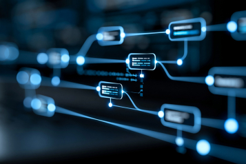 Close-up of an AI agentic workflow automation interface showing agent nodes and data processing triggers, agentic AI concept, autonomous agent photography, workflow database