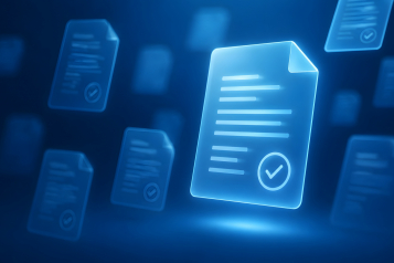 Glowing blue digital document icons with checkmarks floating in cyberspace representing electronic verification smart contracts and data security