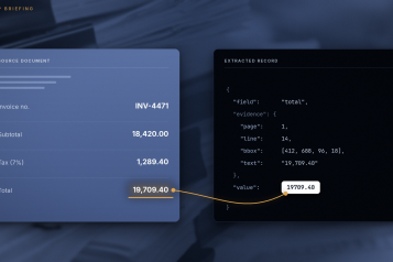 A source invoice beside its extracted JSON record, over a background of stacked clipped documents. The invoice total is underlined in gold and a gold line traces from it to the matching value in the record, which lists the page, line and region the value came from.