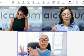 A recorded video call with an interviewer, a note-taker and an executive during an AI readiness assessment.