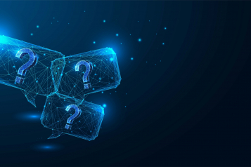 Three glowing wireframe speech bubbles containing question marks on a dark blue background.